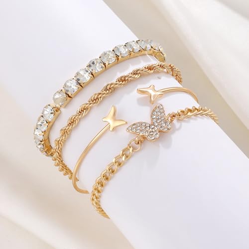 Alegend 14K Gold Plated Stackable Multilayer Bracelets + Titanium Steel(Not Rust, Resist Corruption, Easily Clean) 18K Gold Plated Single Bracelets - color: 14K Gold + 4PCS A