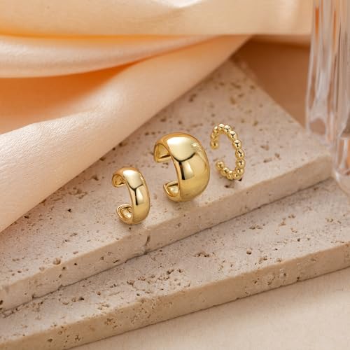 OOOPEL 3 Pairs 14K Gold Plated Ear Cuffs Non Piercing Lightweight Stackable Chunky Earring Cuff for Women Adjustable Non-Fading Fake Earrings Suitable for Christmas Gift - style: Chunky