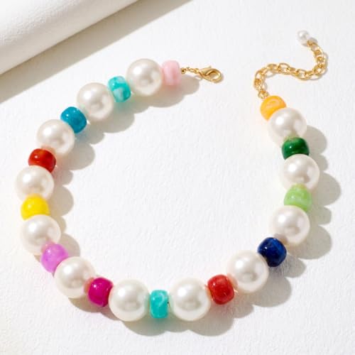 Chunky Beaded Choker Necklace for Women Boho Statement Necklace with Large Pearl Blue Brown Tone Resin Beads Summer Beach Jewelry Gifts - color: Pearl