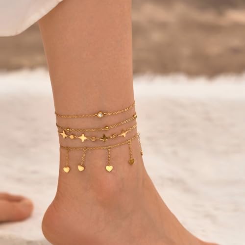 LOFITOR Anklets for Women Ankle Bracelet Charm Link Chain Set Foot | Waterproof Dainty Cz Evil Eye Beaded Anklets Adjustable Beach Foot Jewelry Feet Chains, Summer Beach Foot Jewelry Gifts - style: Heart Silver