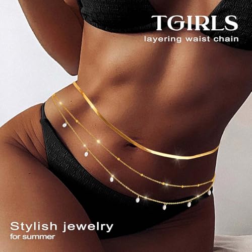 Tgirls Gold Waist Chain for Women Rhinestone Layered Belly Chains Beads Body Chain Heart-Shaped Beach Body Jewelry for Summer - style: 3 Layers