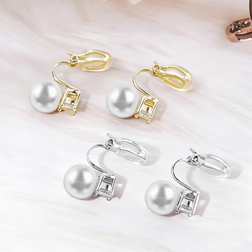 White Pearl Clip On Earrings for Women, 14K Gold Pearl Earrings 925 Silver Pearl Earrings, 10mm White Pearl Non Pierced Hypoallergenic Trendy Wedding Jewelry - color: Silver