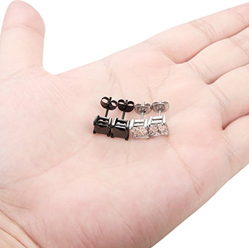 ORAZIO Black Silver Earrings for Men,Stainless Steel Cubic Zirconia Earrings 20G Mens Earrings Hypoallergenic CZ Earrings Studs Trendy Square Earring Studs Set 4-8MM - style: 2 Pairs,Cubic Zirconia Diameter:6mm