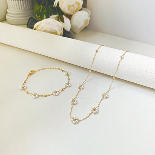 LULII Pearl Necklaces for Women 14K Gold Plated Dainty Layered Single Pearl Necklace Simple Daisy Pearls Choker Cute Gold Necklace Stack Jewelry Sets for Women Trendy Gifts - color: Gold-Daisy Pearl Jewelry Set
