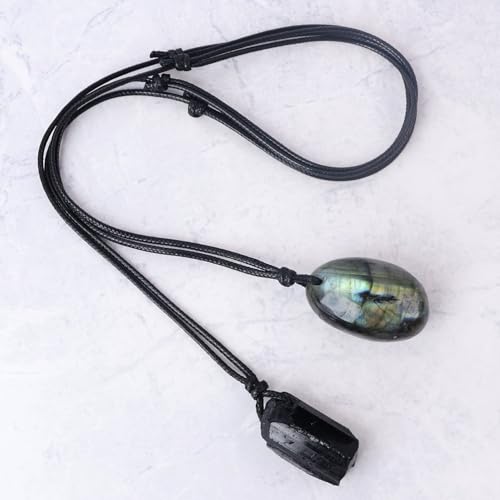 FANASY Natural Raw Crystal Necklace for Women Irregular Stone Necklaces Spiritual Gemstone Pendant with Adjustable Rope - color: X-Labradorite+Black Tourmaline