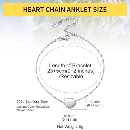 ChainsHouse Ankle Bracelets for Women, Stainless Steel Beaded Chain Ankle Bracelet, Womens Heart Anklets for Summer Beach Jewelry Gifts - color: S: heart-stainless