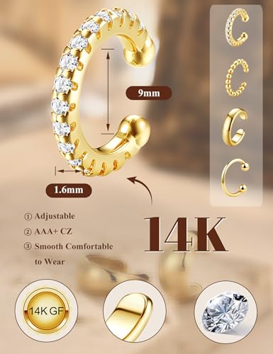 4Pairs 14K Gold Plated Ear Cuff Earrings for Women Non Piercing Jewelry | Hypoallergenic Earring Cuff for Sensitive Ears 14K Gold Silver Plated Non Tarnish Clip On Cartilage Fake Earring Set Trendy - color: 14K Gold Plated