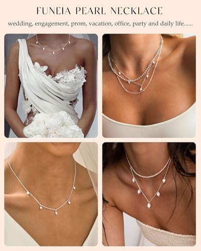 FUNEIA Dainty Pearl Necklace for Women 14K Gold Plated Faux Pearl Choker Necklaces Trendy White Silver Small Pearl Necklace Strand Wedding Prom Bridal Pearls Jewelry 14/16/18/20 Inches - color: I-Pearl Charm Necklace-Silver