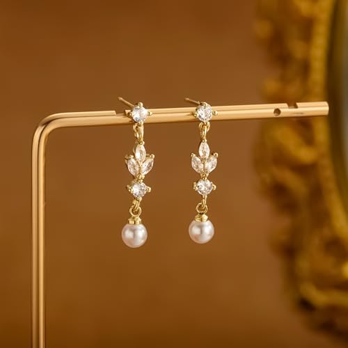 CHESKY Pearl Drop Earrings for Women, 14K Gold Plated Pearl Dangle Earrings | Dainty Pearl Earrings for Women,WaterProof Gold Brides Wedding Earrings,Bridesmaid Bridal Gift,Trendy Women Everyday Jewelry - style: leafs