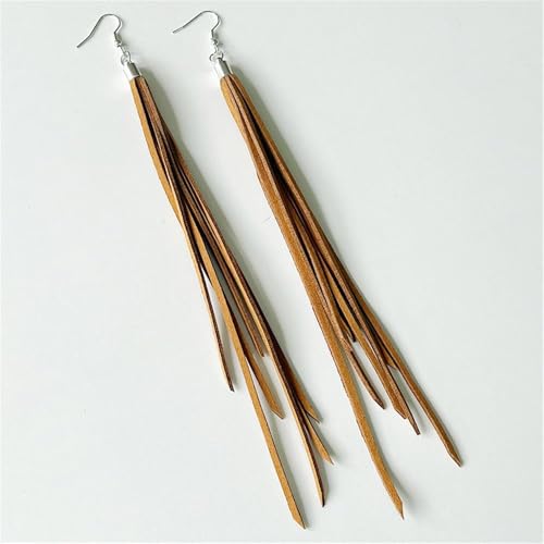 Leather Tassel Earrings Bohemian Tassel Fringe Dangle Earrings Boho Handmade Leather Feather Long Tassel Earrings Western Jewelry for Women - color: Brown