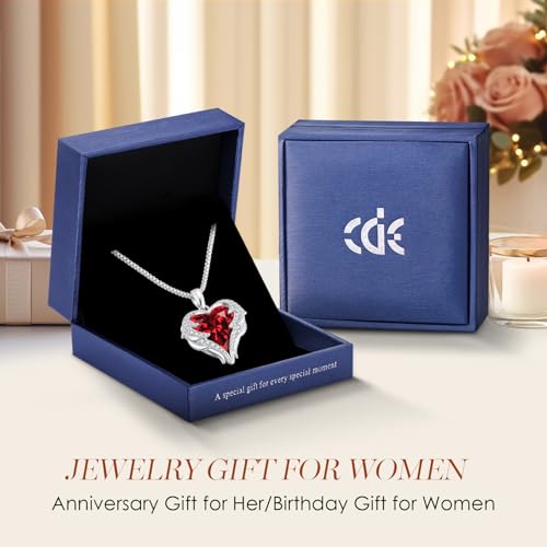 CDE Angel Wings Heart Birthstone Pendant Necklace Gift for Women | Silver/Gold Tone,Ideal Birthday & Anniversary Jewelry Gift for Wife,Girlfriend,Her - color: White-01&07-Ruby Red Birthstone