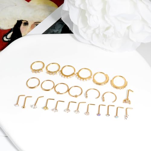 23-40 Pcs Gold Nose Rings & Studs - 18G & 20G Nose Piercing Jewelry - L Shape, Hoop & Screw Body Jewelry for Women & Men - color: Gold-E