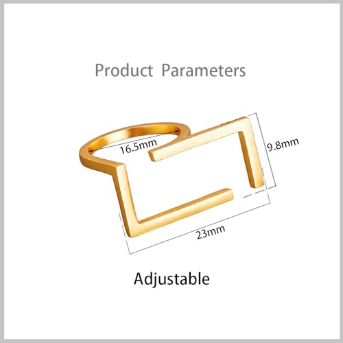 Unique Rectangle Open Band Ring for Women Girls Geometrical Finger Rings | Gold-Toned, Minimalist Statement, Adjustable Expandable, Comfort Fit, Fashion Simple Jewelry