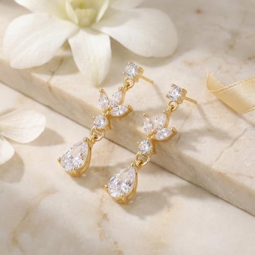 Sonateomber Gold Silver Pearl Rhinestone Dangle Earrings for Women, Elegant CZ Leaf Butterfly Bridal Earings Prom Wedding Fashion Jewelry Gift - color: Gold CZ