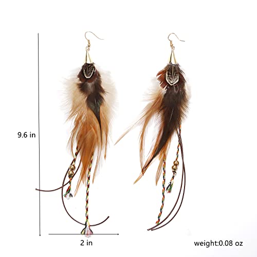 Natural Feather Earrings Bohemian Long for Women Handmade Feather Jewelry Tassel Dangle