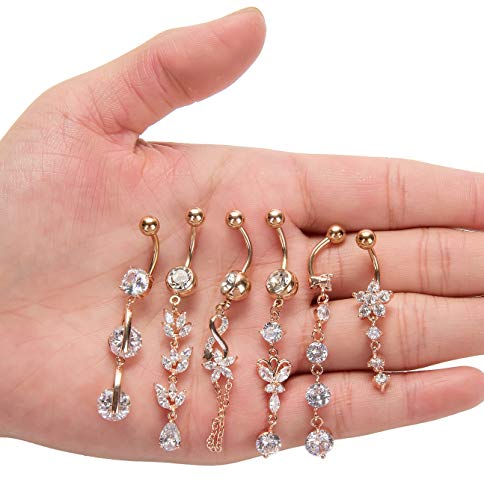 3-6PCS 14G 316L Stainless Steel Belly Button Rings for Women Navel Rings Barbell Dangle Flower CZ Body Piercing - color: E: 6 Pcs Rose-tone