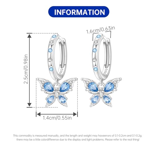 925 Sterling Silver Hoop Earrings Drop Dangle Earrings for Women Hypoallergenic Earring Trendy Huggie Earring Cute Graduation Birthday Gifts Jewelry for Women - color: Butterfly earrings blue gemstones