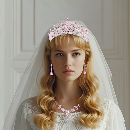 Crystal Crown and Tiara Jewelry Set for Women Bride with Necklace Earrings | Metal Rhinestone Royal Queen Princess Jewelry Set Wedding Quinceanera Pageant Prom Birthday Halloween Party Costume Gift - color: Silver Pink