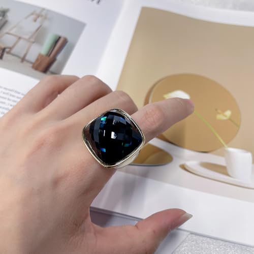 Chunky Square Crystal Glass Stainless Steel Statement Ring for Women Men Gold-Tone Plated Exaggerated Large Geometric Green Cubic Zirconia Finger Band Knuckle Rings Cocktail Prom Fashion Jewelry - color: Blue