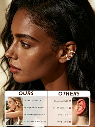14K Gold/Silver Plated Ear Cuffs Non Piercing Set Clip On Dainty | Non Pierced Ear Cuff, Stackable Small Cartilage Hoop Huggie Set, Tarnish Resistant Hypoallergenic Trendy Jewelry Gift - style: gold style 14