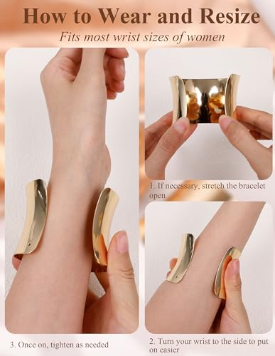 2Pcs Cuff Bangle Bracelet for Women Open Wide Bangle Bracelet Set | minimalist statement bangle bracelets,wrist cuff wrap bracelet adjustable,open wide wire grooved hammered bracelet set - color: 2PCS-Gold-G