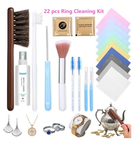 Ring Cleaning Kit,Professional Jewelry Cleaning Kit with Brushes,Spray & Cloths for Jewelry,Watches & Precious Metals,22-Piece All-in-One Home Cleaning Set