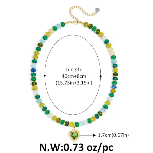 Boho Beaded Choker Necklaces for Women with A Gold Heart CZ - color: Green