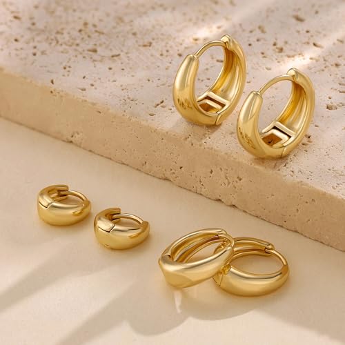 Risamil 3Pairs Gold Hoop Earrings for Women Trendy, 14K Gold Plated Hoops Huggie Earrings Dainty Chunky Earring Stacks Cute Earring Set Gold Jewelry Set for Women Gifts Fashion Accessories - color: 3 pair gold hoop earrings