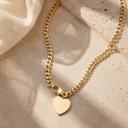 IMBOS 14K Gold Plated Chunky Chain Choker Necklaces for Women Chunky Gold Necklace Tennis Necklace for Women CZ Love Chain Cuban Link Choker Jewelry Gifts - color: Gold-Chunky Cuban Heart