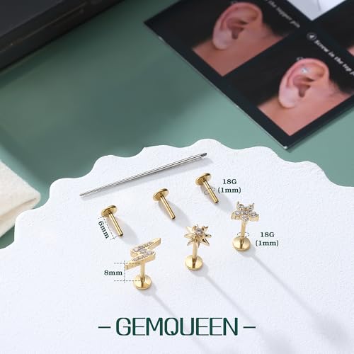 3 Pcs G23 Implant Grade Titanium Flat Back Earrings for Women Men | Hypoallergenic Internally Threaded 5A CZ Gold Flatback Stud, Tragus, Cartilage, Conch Piercing Jewelry for Sensitive Ears 18G - color: Gold 1