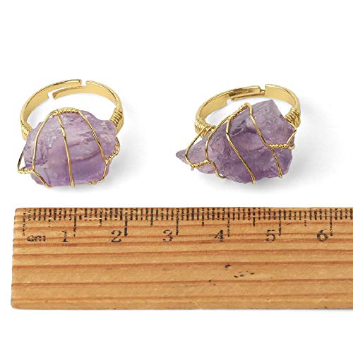COLORFUL BLING Raw Healing Crystal Natural Stone Ring Statement Copper Wire Wrapped Irregular Crystal Gemstone Adjustalble Ring Jewelry for Women - color: Amethyst