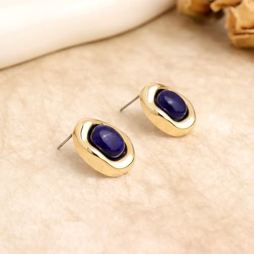 Jean Beau Chunky Gold Stone Stud Earrings for Women, Trendy Natural Gemstone Hypoallergenic Earing Valentine Jewelry Gift - color: Navy Blue