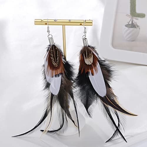 Bohemian Pheasant Peacock Long Feathers Statement Earrings Handmade Natural Lightweight Feather Dangle Earrings for Women (ea000071) - color: Black&White