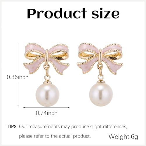 Pearl Bow Earrings for Women Coquette Aesthetic Jewelry Rhinestone Bow Earrings for Bridesmaids Wedding Party Accessories Bridal Costume Accents Bowknot Themed Gifts - color: B1: Pink Bow Pearl Earrings