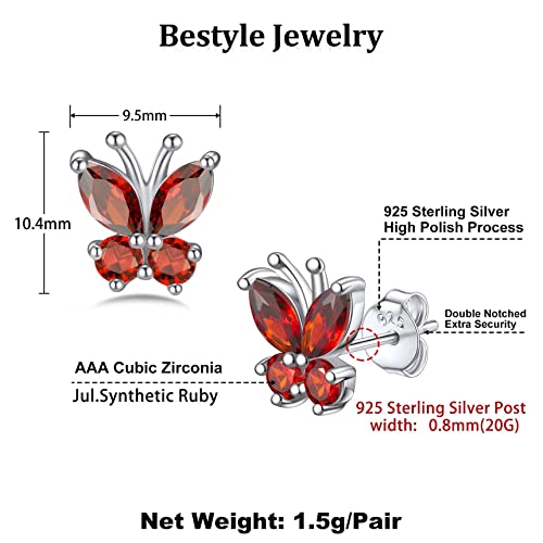Bestyle Gold Butterfly Earrings for Women, Dainty Cute Birthstone Studs Hypoallergenic Jewelry, Great Birthday Gift - style: 07.July(Ruby)-STUD