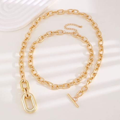 Gold Layered Chunky Chain Necklace for Women, Double Chain Paperclip Pendant Statement Choker, Trendy Minimalist Fashion Jewelry
