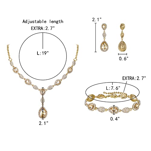 EleQueen Women's Wedding Bridal Jewelry Sets for Brides Bridesmaids, Cubic Zirconia Teardrop Necklace Tennis Bracelet Dangle Earrings Jewellery Set - color: 14-Brown Gold-Tone