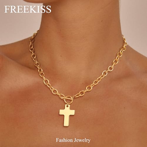 Freekiss 3-Piece Layered Toggle Necklace for Women | Gold/Silver necklace set with herringbone, rope, and paperclip chains plus a toggle clasp for layering, parties, and gifts - color: Gold Cross Necklace Style2