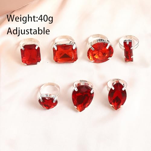 FUTIMELY 7Pcs Exaggerated Chunky Large Rhinestone Ring Set,Glitter Heart Square Oval Teardrop Knuckle Rings,Unique Red Crystal Open Rings Pack Cocktail Jewelry - color: Red