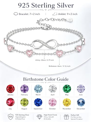 Prismata Infinity Birthstone Charm Link Bracelet/Anklet 925 Sterling Silver Adjustable 12 Months Birthstone Infinity Bracelet/Anklet Birthday Jewelry Gifts for Women Her - color: 10-October, size: 7'+2' Bracelet