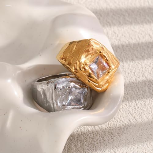 Fashion Square CZ Chunky Statement Ring for Women Size 7 | Stainless Steel, Hammered Textured, Rough, Geometric Crystal, Wide Stacking, Wedding Engagement Eternity Band, Dainty Jewelry - color: Gold