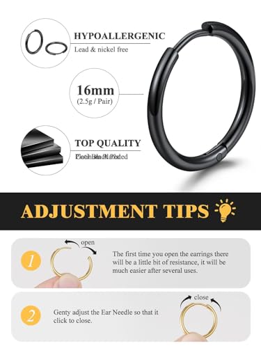 Small Hoop Earrings for Women 7-16mm Stainless Steel Huggie Earrings Lightweight - color: b. Black A, size: Diameter 16mm