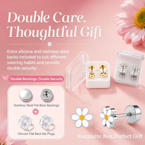 Hypoallergenic Daisy Studs Earrings for Women,18K Gold Plated Surgical Stainless Steel Flat Back Flower Earrings for Sensitive Ears,20G Post Screw Back Cartilage Helix Piercing Jewelry - color: Silver