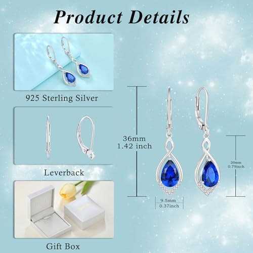 Infinity Teardrop Earrings 925 Sterling Silver Dangle Drop Leverback Earrings Birthstone Jewelry for Women - color: Royal Blue