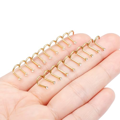 Hoeudjo Nose Studs Surgical Steel Cubic Zirconia Nose Rings Kit for Women Men Tiny Nose Stud Screw & Bone & L Shaped Nostril Piercing Jewelry 24-18 Gauge 20 Pieces Set - color: gold-tone,screw nose studs, size: 18g/2.0mm clear CZ