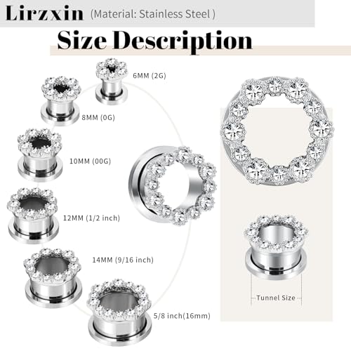 Tunnels Gauges, 2PCS Stainless Steel Tunnel Set Hollow Flower with Round Cubic Zirconia Screw Back Ear Gauges Plugs Tunnels 2G - 5/8 inch Ear Piercing Jewelry - color: Silver, size: 00G(10mm)