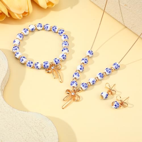 Bow Jewelry Set, Ceramic Bracelet Necklace and Earring Sets for Women with Bow Tie, Handmade Vintage Beads Ceramic Jewelry Gift