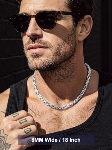 Bandmax Stainless Steel Byzantine Chain Necklace for Men Two Tone Black Gold Heavy Duty Motorcycle Biker Link Chains, 6MM/8MM/10MM Width, 18 Inch-30 Inch Length, Men's Fashion Jewelry Gift - color: 02 Silver Tone
