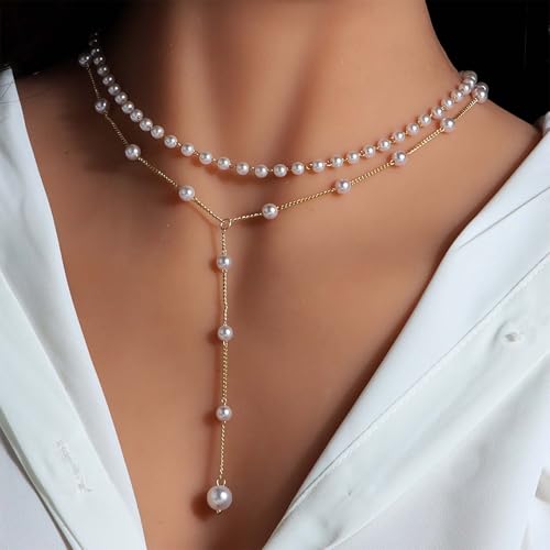 Boho Pearl Y Lariat Necklace Gold Pearl Y Necklace Layered Pearl Choker Necklace Wedding Pearl Pendant Necklace Long Pearl Drop Necklace Jewelry for Women