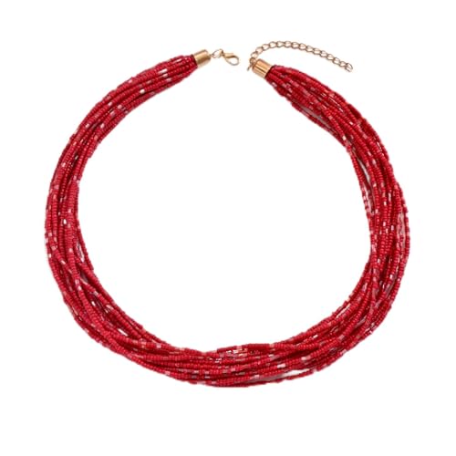 Colorful Multi-layered Seed Beaded Necklace Choker For Women Bohemian Handmade Crystal Stone Gemstone Hawaiian Necklace Holiday Birthday Summer Beach Jewelry Gift - color: Light Red